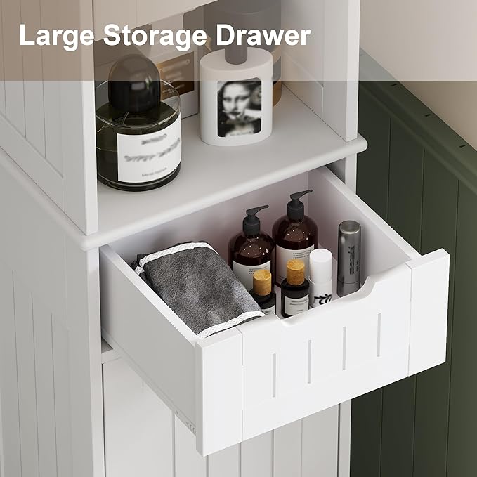 ChooChoo 67" Tall Bathroom Storage Cabinet Freestanding with Adjustable Shelves, Narrow Storage Linen Cabinet with 2 Doors and 1 Drawers for Bathroom, Living Room, Kitchen, White-Ruum Studio Home
