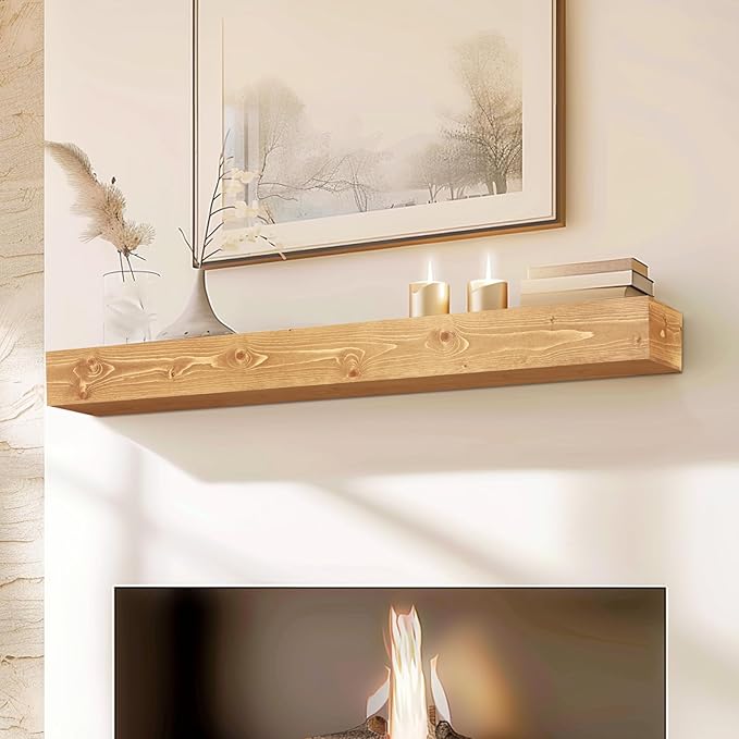 48x8x5 Fireplace Mantel - Handcrafted Rustic Solid Wood Wall Mounted Floating Shelf with Invisible Heavy Duty Wood Bracket (Natural)-Ruum Studio Home