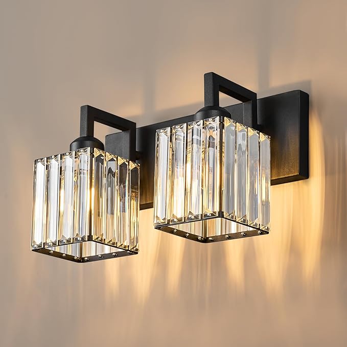 Modern Bathroom Vanity Light 2-Lights Black Crystal Bathroom Wall Light Vanity Light Fixtures-Ruum Studio Home