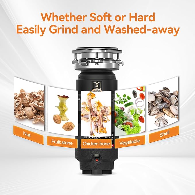 1/2 HP Garbage Disposal, TECASA Food Garbage Disposal with Power Cord, Stainless Steel Grinding System and 3-Bolt Mounting, Continuous Feed Compact Garbage Disposals, UL Certified, Taskmaid Series 50-Ruum Studio Home