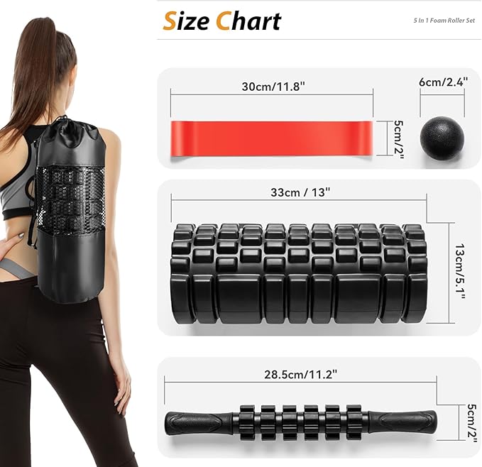 5 in1 Foam Roller Set, Trigger Point Foam Roller, Massage Roller Stick, Massage Ball, Resistance Band for Deep Muscle Massage Pilates Yoga,Fitness Exercise for Whole Body (Black-Red)-Ruum Studio Home