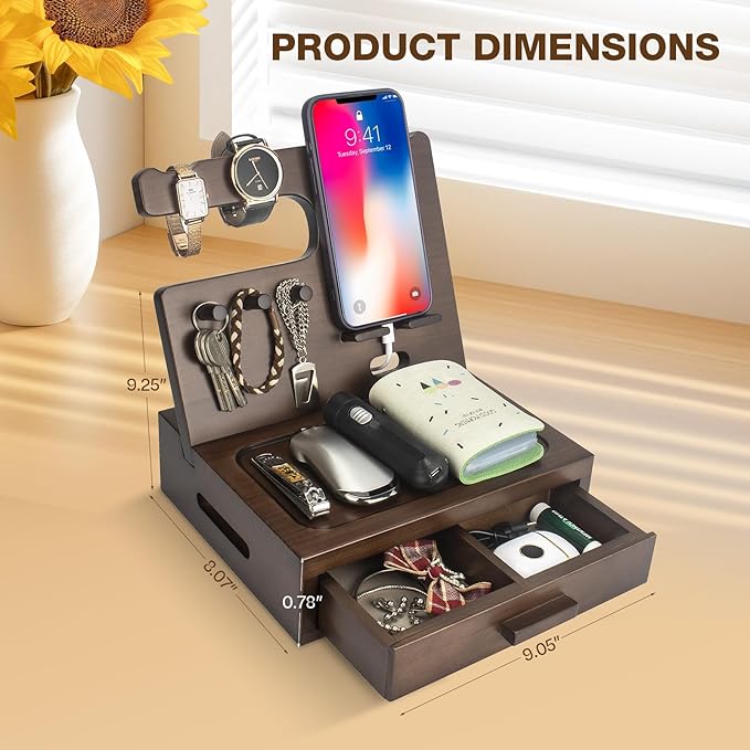 Solid Wood Nightstand Organizer, Docking Station, Gifts for Men, Made of Cedar, Versatile Bedside Table Organizer for Cellphone, Watch, Headphone, Keys, Dark Walnut-Ruum Studio Home