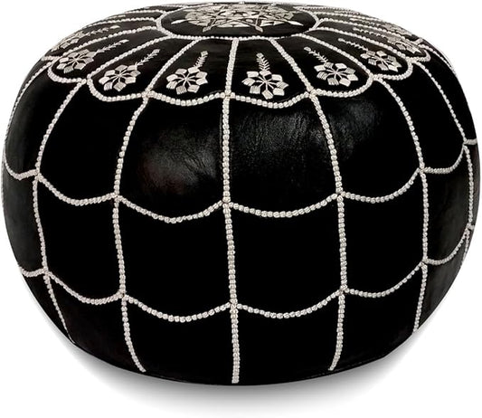 Stuffed Arch Design Moroccan Leather Pouf Ottoman, Handmade, Pre-Filled, 100% Genuine Leather, 14” Height x 22” Diameter – Boho Chic Footstool & Living Room Décor (Black)-Ruum Studio Home