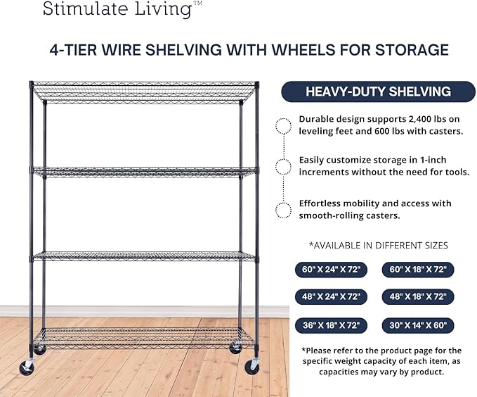 60"x24"x72" PRIME HEAVY DUTY Black 4-Tier Wire Shelving NSF 2400 LBS MAX Capacity Storage Rack for Commercial, School, Home, Garage, Warehouse, Industrial, and Hospital Uses (with Wheels)-Ruum Studio Home