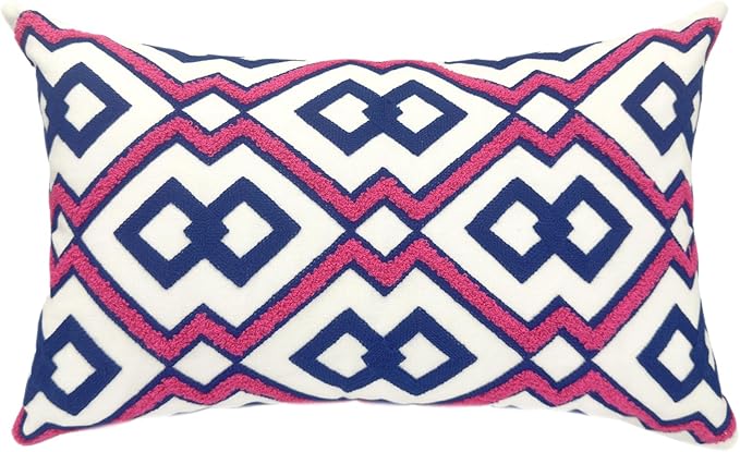 Alysheer Embroidered Lumbar Decorative Throw Pillow Cover 12"x 20", Classic Boho Geometric Embroidery Pattern Cotton Rectangular Cushion Case for Sofa Couch Living Room Bedroom(Blue Pink)-Ruum Studio Home