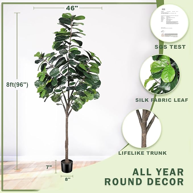 8ft(96in) Fiddle Leaf Fig Tree Artificial - Tall Faux Fiddle Leaf Fig Tree - Fake Fig Plant with Realistic Texture for Indoor Outdoor Modern Home House Office-Ruum Studio Home