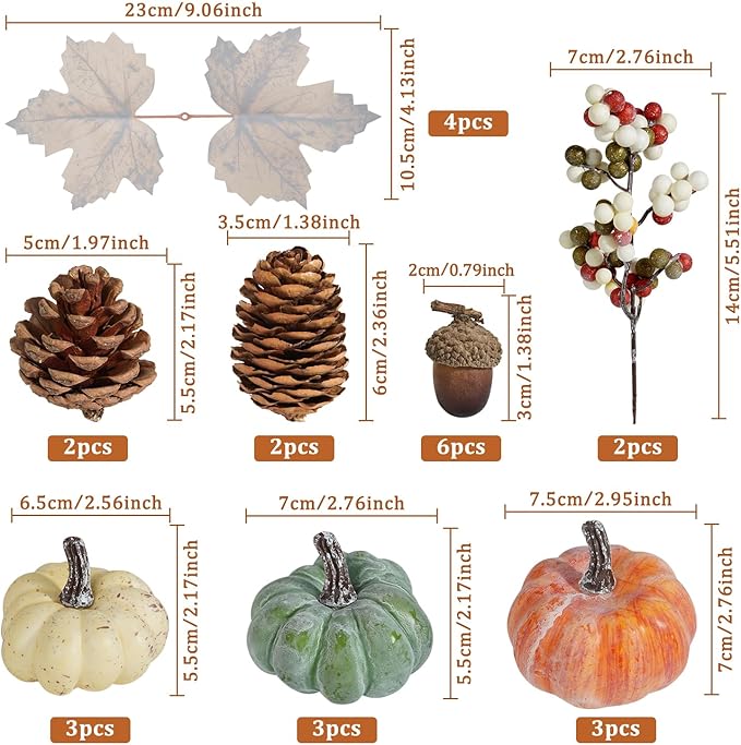 Artmag 25 PCS Pumpkin Decor Set, Artificial Pumpkins Fall Decor for Halloween Thanksgiving Decorations with Acorns, Pinecones, Berries, Maple Leaves for Home Table-Ruum Studio Home