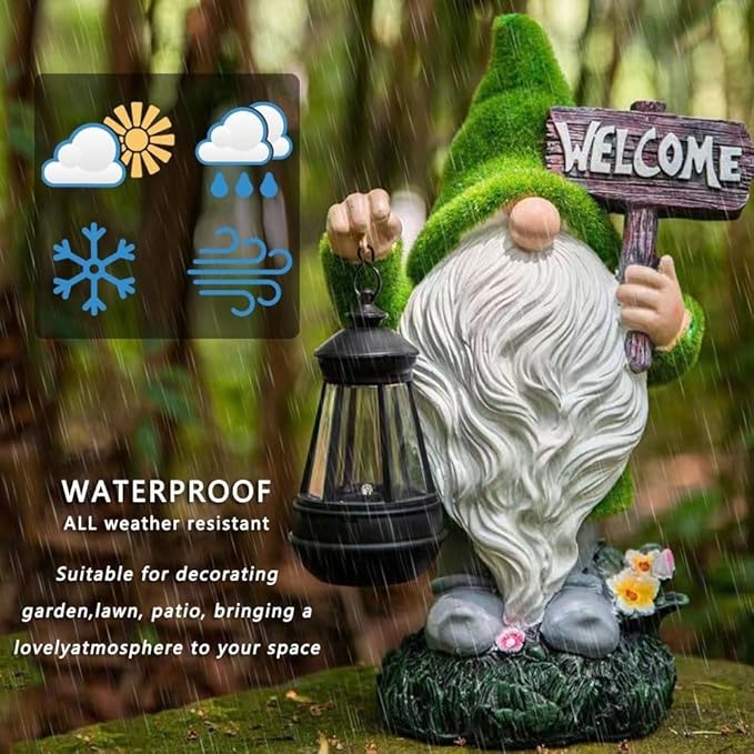 Solar Gnome Outdoor Garden Fall with Solar Lantern - 11’’Halloween Autumn Welcome Gnomes Decorations for Yard Patio (Green & White)-Ruum Studio Home