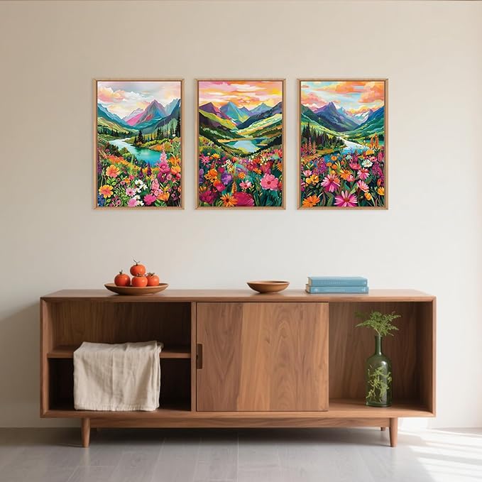 Celestdeco Wildflower Blossom Framed Canvas Wall Art Set, Colorful Flowers Painting, Abstract Landscape Wall Decor, Natural Ridge Floral Art Print for Living Room, Dining Room, Office - 24"x36"x3-Ruum Studio Home