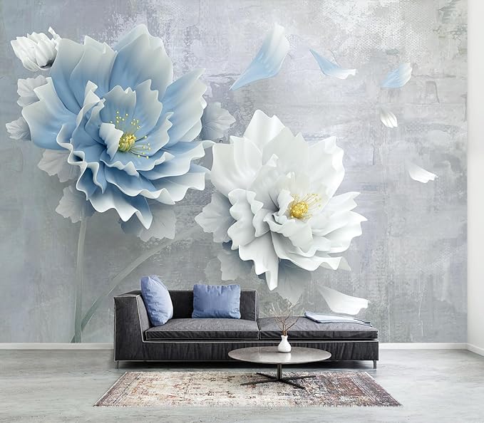 WFBHUA-Blue Floral Wallpaper Mural Modern Peony Flower Wallpaper Large 3D Art Living Room Bedroom Bathroom Wall Mural Decor (Not Peel and Stick)-Ruum Studio Home