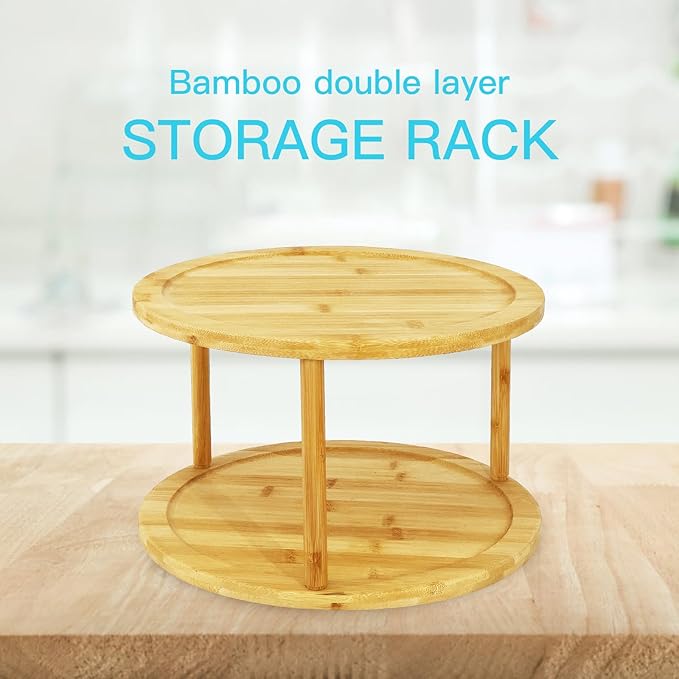 Wood Lazy Susan Organizer Bamboo 2-Tier Rotating Storage Rack – 360° Turntable Organizer for Kitchen, Spices, Cosmetics-Ruum Studio Home