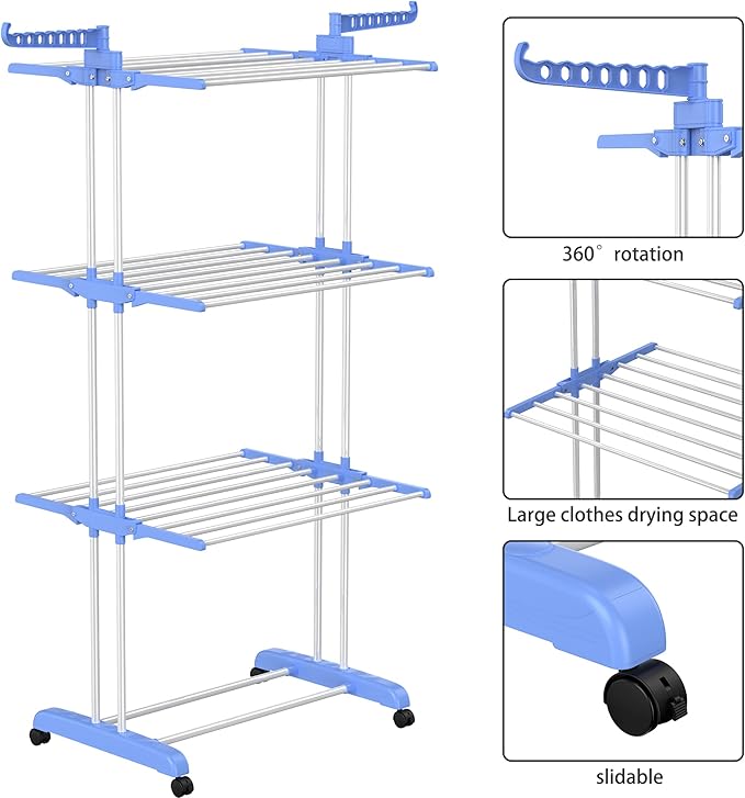 HOMIDEC Clothes Drying Rack, Large 4-Tier Foldable Drying Rack Clothing(67.7H x 19.7W x 30L Inches), Movable Drying Rack with 4 castors. Multifunctional Stainless Steel Laundry Drying Rack, Blue-Ruum Studio Home