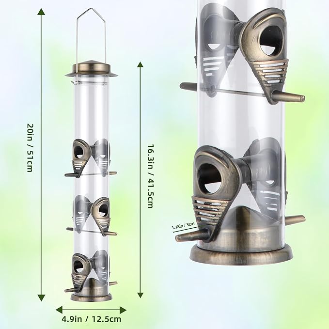 MIXXIDEA 1PK Metal Bird Feeders with 6 Feeding Ports,Tube Bird Feeder with Steel Hanger,Hard Plastic Wild Bird Feeder for Outdoors Hanging, Attracting Birds in Your Lawn, Garden, Balcony–Bronze-Ruum Studio Home