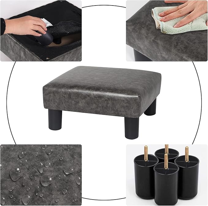 Joveco Small Footstool PU Leather Ottoman Square Footrest Stool Modern Padded Seat Chair for Living Room Bedroom Couch Dogs (Gray)-Ruum Studio Home