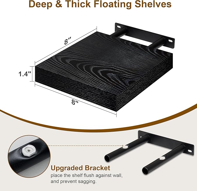 Fun Memories Black Floating Shelves 8 Inch Long, 8" Deep Wall Shelves, Small Deep Floating Shelf Square Wall Shelf, Rustic Display Shelves for Living Room, Bathroom, Kitchen, Set of 2-Ruum Studio Home