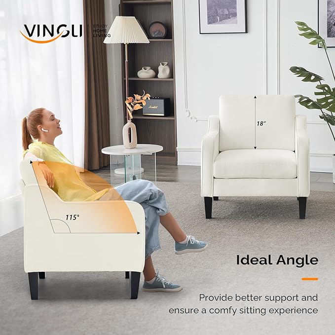 VINGLI Mid Century Modern Accent Chairs for Living Room, Cream White Comfy Reading Chair Soft Chenille Sofa Chairs Upholstered Side Armchair for Living Room, Bedroom, Apartment-Ruum Studio Home