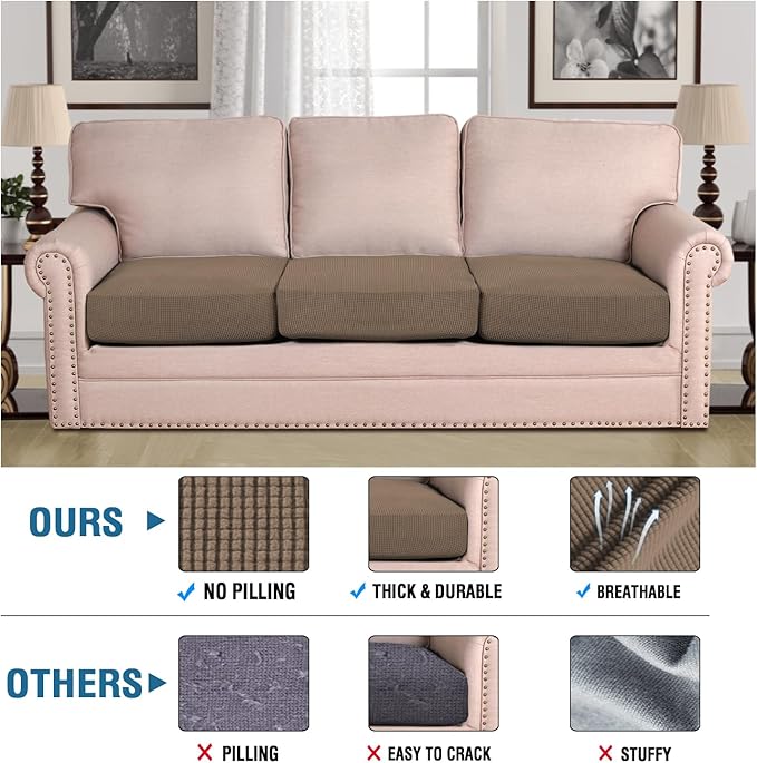 H.VERSAILTEX Super Stretch Individual Seat Cushion Covers Sofa Covers Couch Slipcover Sets Thick Jacquard Textured Twill Fabric (3 Piece Sofa Cushion Covers, Macchiato)-Ruum Studio Home