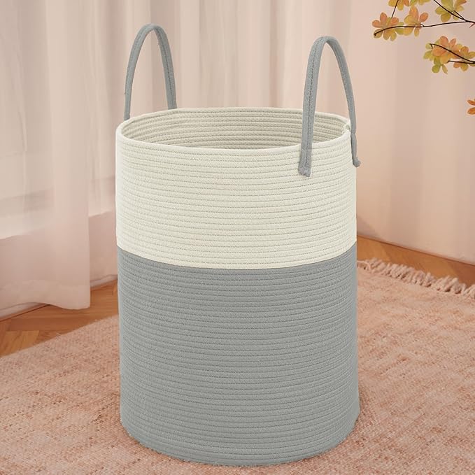 Large Woven Laundry Basket Hamper,60L Cotton Rope Storage Bin for Blankets,Toys and Clothes,Decorative Tall Nursery Hamper for Living Room,Baby Nursery,Bathroom and Bedroom,White and Grey-Ruum Studio Home