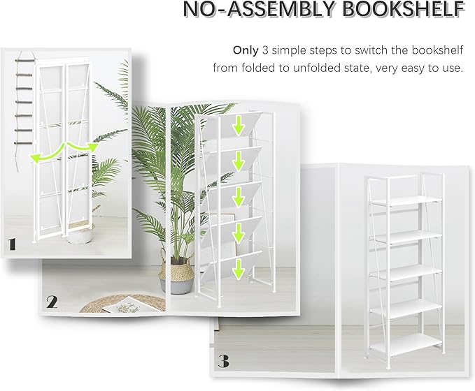 4NM No Assembly Foldable Bookshelf, 5-Shelf Collapsible Bookcase Storage for Small Spaces, 62.2" H, All White-Ruum Studio Home