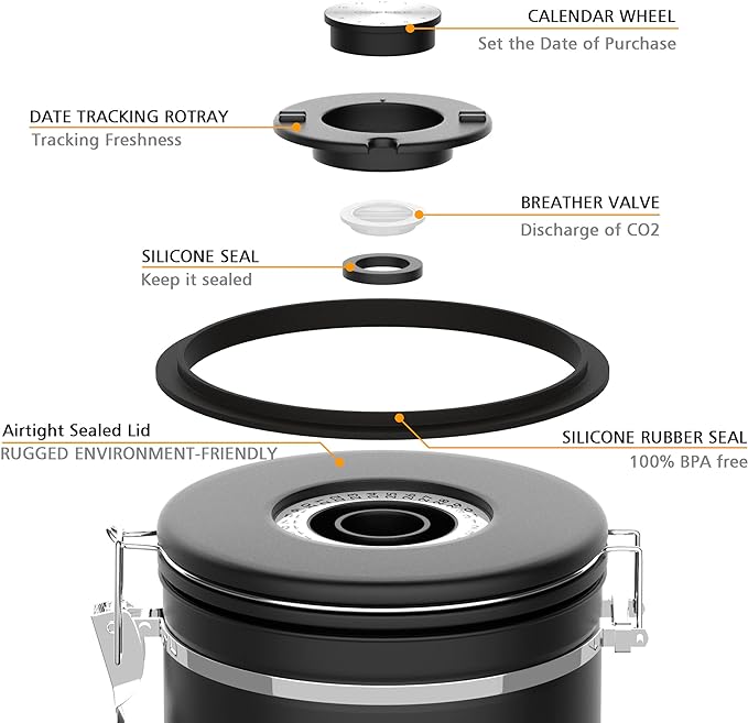 Coffee canister set for ground coffee with Date Tracker,Co2 Valve,Travel jar,Stainless Steel Kitchen Food Airtight storage container for Coffee Beans or Grounds,Tea,Sugar (16oz-Black)-Ruum Studio Home