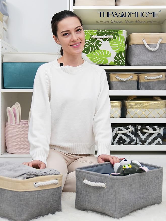 TheWarmHome Storage Bins Basket - Storage Baskets for Organizing Shelves,Home Closet Organizer for Book Shelf Organization,Fabric Storage Cubes,Medium Decorative Grey Basket Gift-Ruum Studio Home