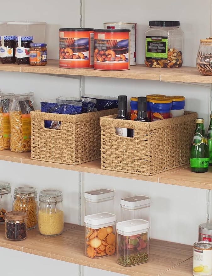 StorageWorks Round Paper Rope Storage Baskets, Rectangular Wicker Baskets with Built-in Handles, Medium, 13 ¼ x 8 ½ x 7 ¼ inches, 2-Pack-Ruum Studio Home