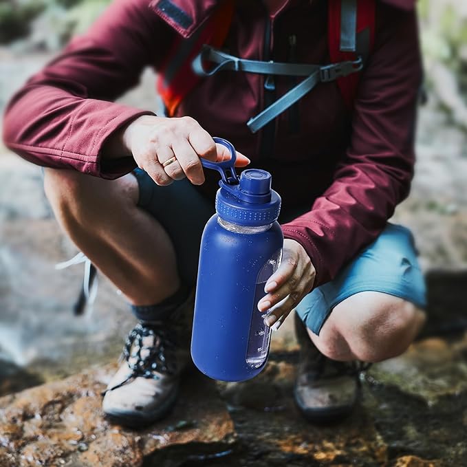 32 oz Glass Water Bottle with Straw and Handle, Sports Motivational Water Flask with Silicone Sleeve, Large Leakproof Water Flask Cup with Time Marker for Travel, Gym, Dark Blue-Ruum Studio Home