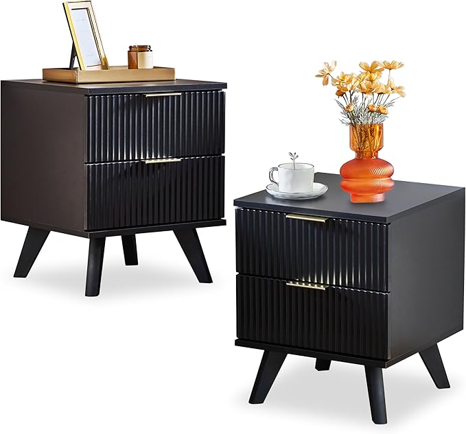 Fluted Nightstand Set of 2, Mid Century Modern 2 Drawer Dresser for Bedroom, Small Dresser Night Stand Side Table End Table with Wood Fluted Drawer Storage for Bedroom Closet(Black)-Ruum Studio Home