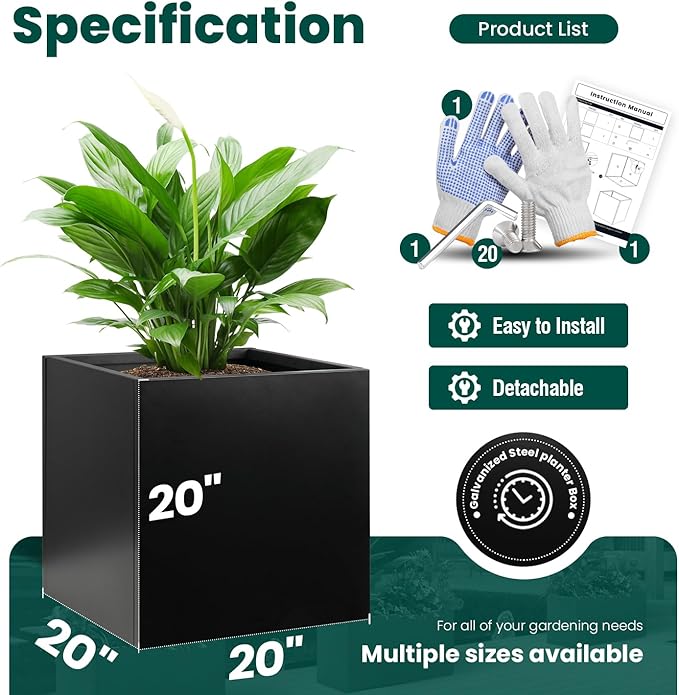 Galvanized Steel Planter Box Black Metal Planter Large Square Indoor Outdoor Planters Cube Steel Heavy Duty Flower Pot 20Inch Powder Coating Modern Commercial Residential for Patio, Deck, Yard, Garden-Ruum Studio Home