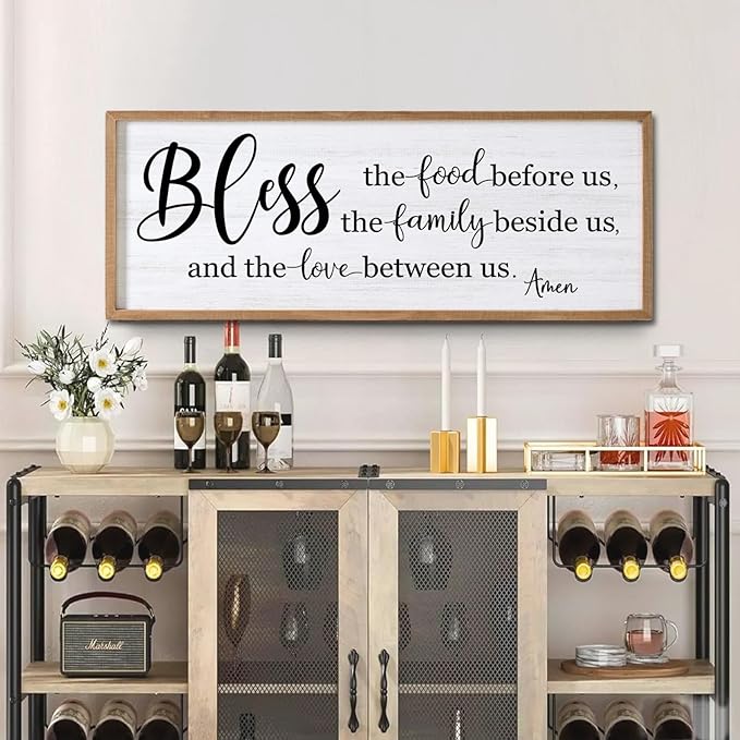 Bless the Food Before Us, the Family Beside Us, and the Love between us Framed Wall Art for Dining Room, 40''×15'' Holy Positive Religious Rustic Bible Verse for Christian God Jesus Christ Prayer-Ruum Studio Home