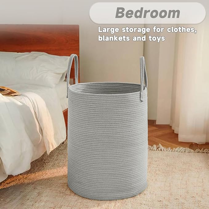 Large Woven Laundry Basket Hamper,100L Cotton Rope Storage Bin for Blankets,Toys and Clothes,Decorative Tall Nursery Hamper for Living Room,Baby Nursery,Bathroom and Bedroom,Grey-Ruum Studio Home