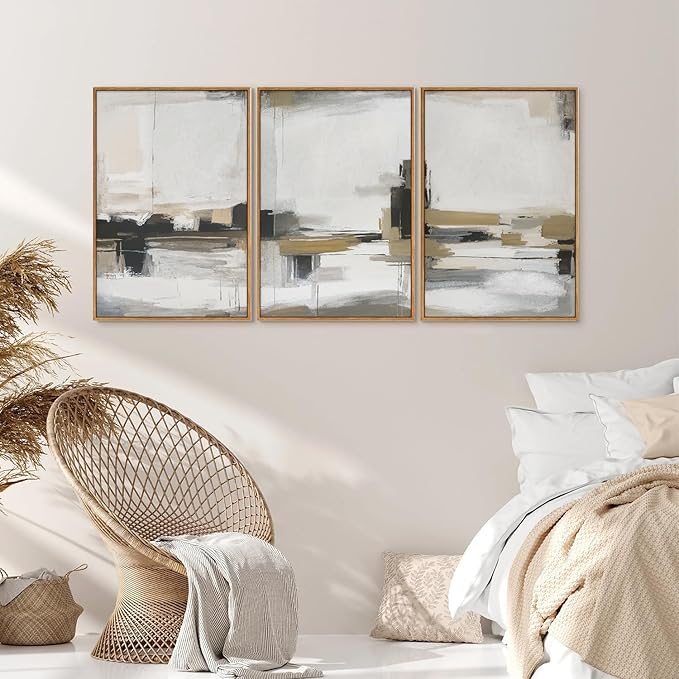 SIGNINART Beige Abstract Framed Canvas Wall Art Set, Black and White Textured Art Prints, Paint Strokes Minimalist Shapes Wall Decor, Neutral Modern Art Paintings for Living Room, Bedroom, Office 16"x24"x3-Ruum Studio Home