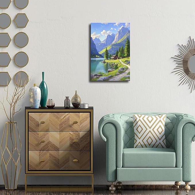 Landscape wall painting of mountain forest lakeside cabin under blue sky and white clouds natural oil painting poster suitable for living room bedroom office-Ruum Studio Home