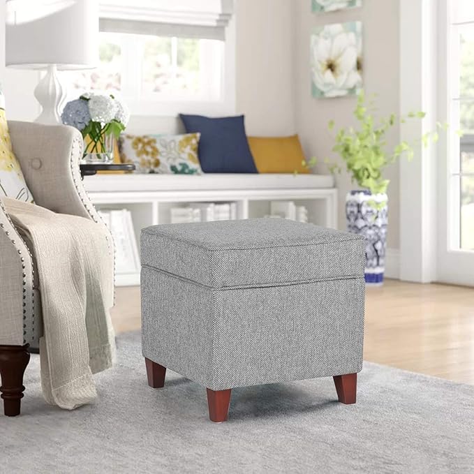 Adeco 17" Square Ottoman with Storage, Small Blue Storage Ottoman Foot Rest with Hinged Lid & Solid Wood Legs, Linen Fabric Foot Stool for Living Room & Bedroom-Ruum Studio Home