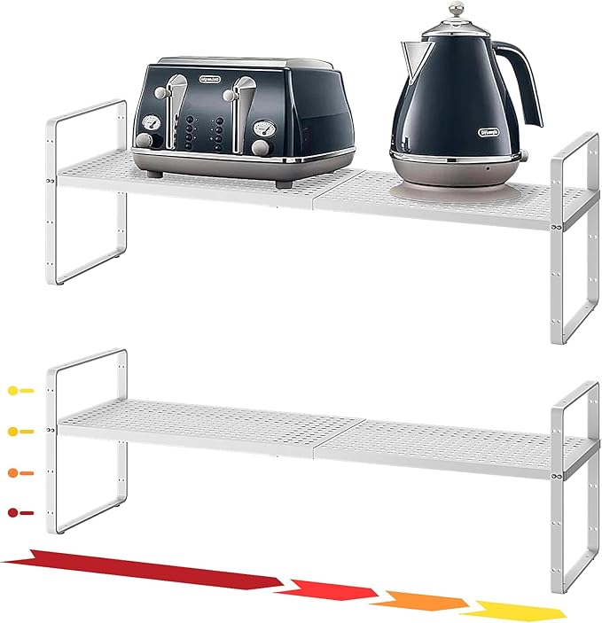 Hole Pattern Expandable Shelf Organizer,2Pack 8.1" Wide Easy to Assemble Cabinet Organizer Shelf, 16.5~27.1" Adjustable Height&Stackable Spice Organization for Cupboard, White-Ruum Studio Home