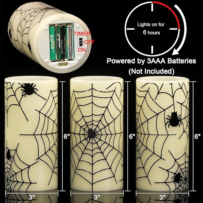 Wondise Halloween Flickering Flameless Candles with Spider Decals, Battery Operated Candles with 6hrs Timer, Real Wax Halloween LED Candles for Horror Spooky Halloween Home Decoration(Set of 3, 3"x6")-Ruum Studio Home