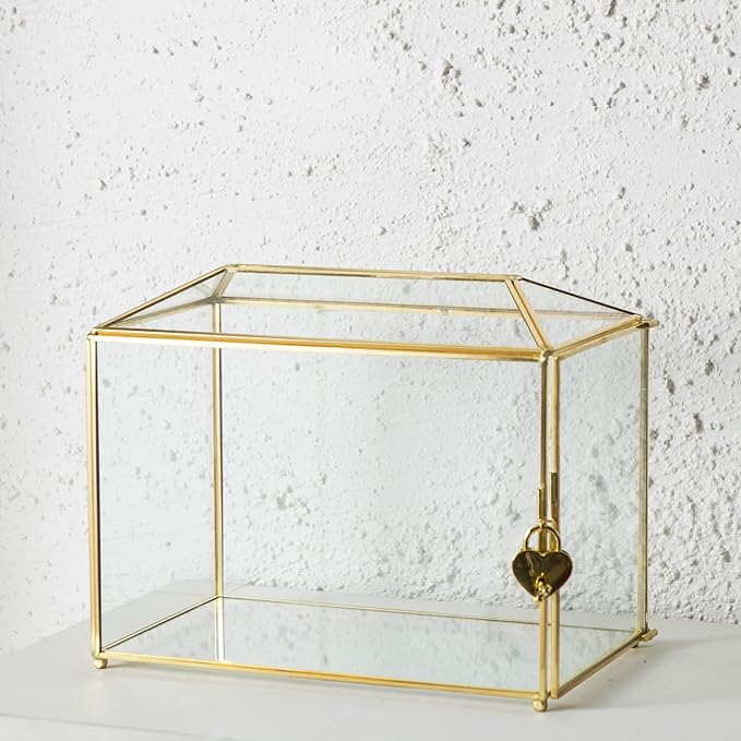 Glass Wedding Card Box with Slot, Large Clear Card Box 10.2 inch Gold Brass Gift Card Storage Box with Lock for Wedding Receptions, Baby Shower, Birthday Party, Bridal Shower-Ruum Studio Home