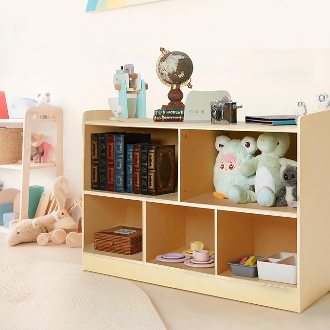 Montessori Shelf, Wooden Toy Storage Organizer for Books Toys, 2 Shelf Bookcase, 5-Section Storage Cabinet, Toddler Book Shelf for Kids Rooms, Playroom, Nursery, Kindergarten (Natural)-Ruum Studio Home