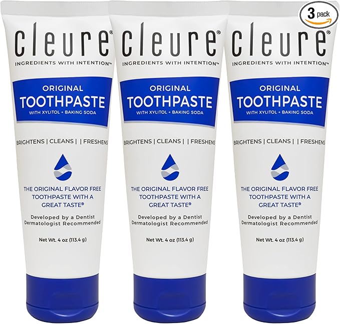 Cleure Original No Fluoride Toothpaste - SLS Free, Mint Free - with Xylitol for Fresh Breath & Helps Whiten - for Kids & Adults - Flavor Free (4oz Tube, Pack of 3)-Ruum Studio Home