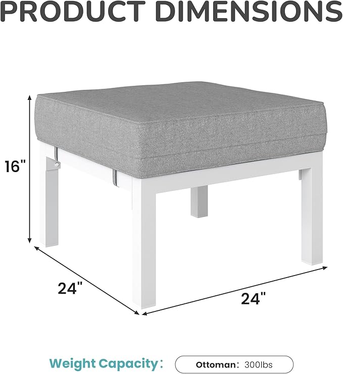 Solaste Outdoor Footstools Patio Ottoman Set of 2, Aluminum All-Weather Outdoor Footrest Seat with Removable Cushions, Patio Furniture Ottomans for Garden, Backyard, Poolside-White-Ruum Studio Home