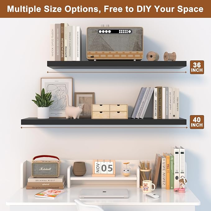 40 Inch Floating Shelf 1 Pack Large Floating Shelves for Wall No Drilling Accessories Included Deep Wall Shelves for Living Room Kitchen Farmhouse 40" W x 12" D x 1.2" Black-Ruum Studio Home