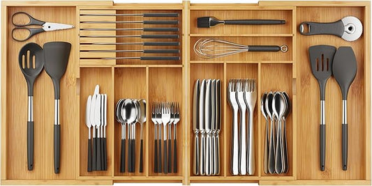 BAMEOS Expandable Silverware Drawer Organizer with Removable Knife Blocks, Bamboo Kitchen Utensil Holder from 21" to 36", Large Cutlery Tray with Divider for Forks, Spoons, Knives-Ruum Studio Home