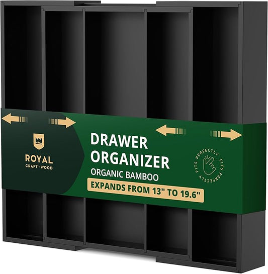 ROYAL CRAFT WOOD Luxury Bamboo Kitchen Drawer Organizer - Silverware Organizer - Utensil Holder and Cutlery Tray with Grooved Drawer Dividers for Flatware and Kitchen Utensils (5 Slot, Black)-Ruum Studio Home