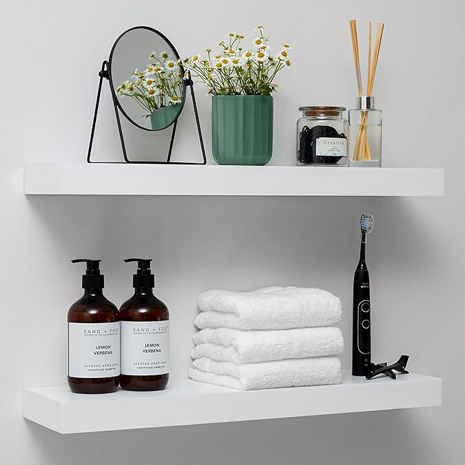 Homeforia White Floating Shelves 24 inch, High End Solid Real Wood 24inch Bathroom Floating Shelf for Wall Mounted, White Wooden 24in Floating Shelves, Heavy Duty Bracket, 24 X 6.5 X 1.75 in, Set of 3-Ruum Studio Home