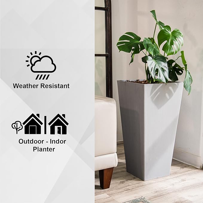 XBrand Modern 30-Inch Tall Square Planter, Tapered, Perfect for Indoor & Outdoor, Patio Decor, Set of 2, Gray-Ruum Studio Home