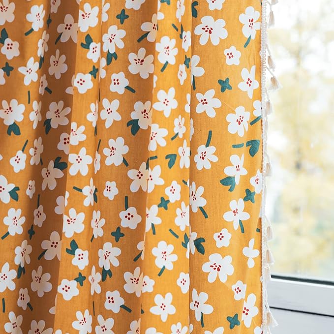Sutuo Home Boho Curtain Semi-Blackout Yellow Florals Print Cotton Linen Fabric, Handmade Tassels Rod Pocket Bohemian Farmhouse Country Window Drapes for Living Bedroom, 59" W x 84" L, 1 Panel-Ruum Studio Home