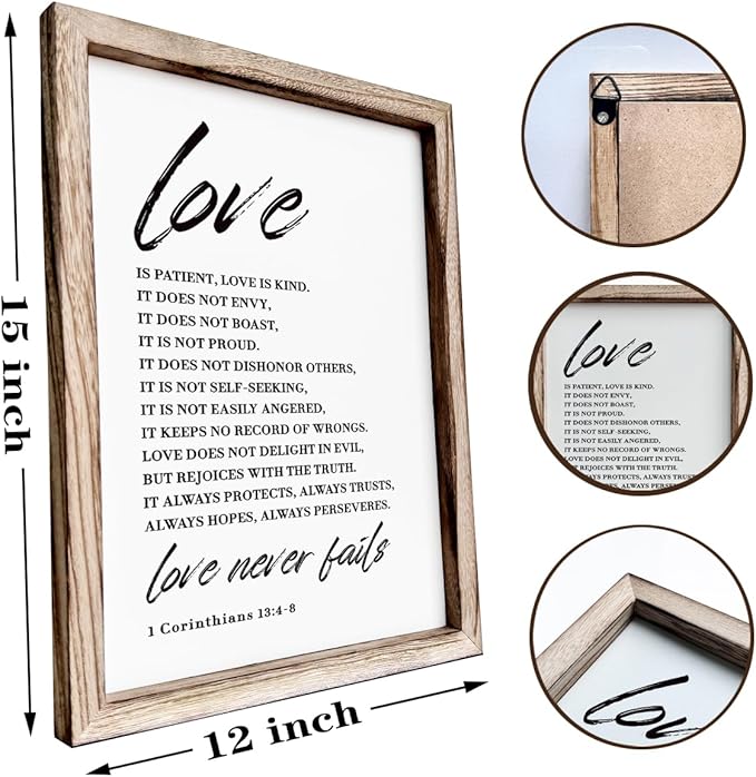 Love Wood Signs, Christian Wooden Wall Sign, Master Bedroom Signs, Inspirational Christian Gift, Home Decor, Framed Wall Plaque Sign 15 * 11.5 inches, Love is the Patient-Ruum Studio Home