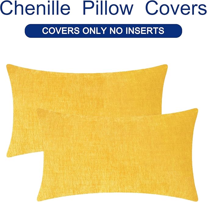 CaliTime Throw Pillow Covers Decorative 12 X 20 Inches Pack of 2 Cozy Chenille Cushion Cases for Couch Sofa Bed Living Room Home Mustard Yellow-Ruum Studio Home