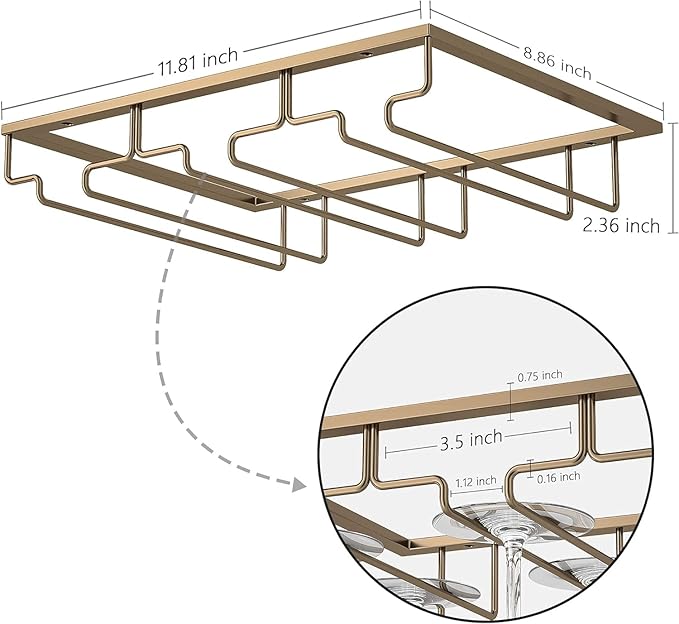 Wine Glass Rack - Under Cabinet Stemware Wine Glass Holder Glasses Storage Hanger 2 Pack Metal Organizer for Bar Kitchen Gold-Ruum Studio Home
