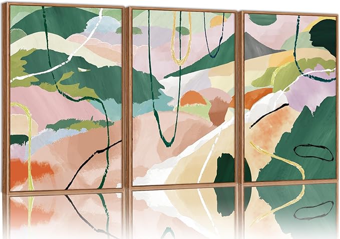 Tinonedraw Colorful Abstract Framed Canvas Wall Art Set, 3 Panel Green Pink Girly Oils Inks Artwork, Three Pieces Neutral Modern Minimalist Wall Decor for Living Room Bedroom Office 24"x36"x3-Ruum Studio Home